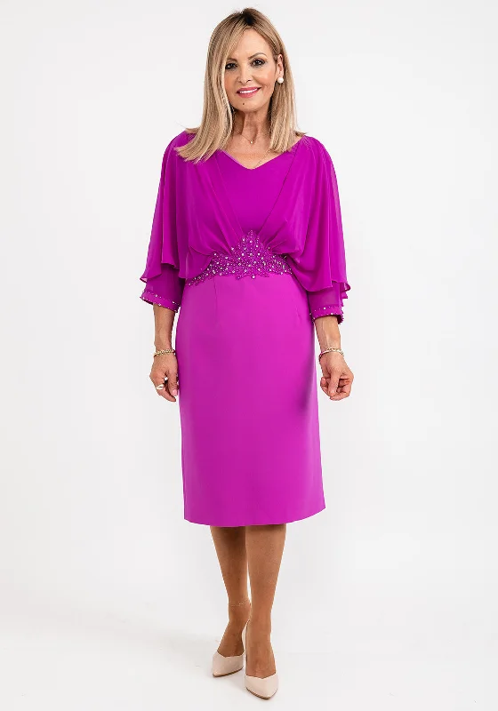 Lace dress – Dress made with lace fabric, often delicate and romantic, suitable for special occasions.Lizabella Applique Waist Pencil Midi Dress, Fuchsia