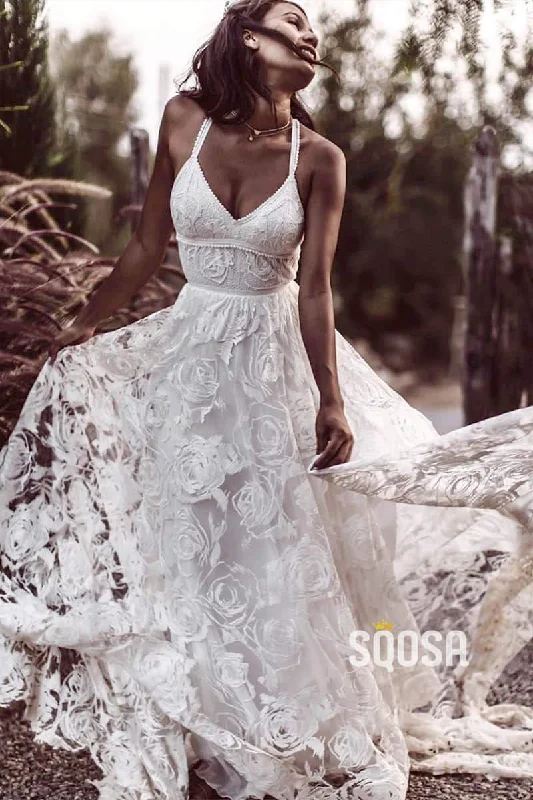 Midi dress – Dress that falls to the mid-calf, giving a balanced, modest, yet stylish appearance.Luxury Lace Chic Halter A-Line Bohemian Wedding Dress with Slit Bridal Gowns QW0862