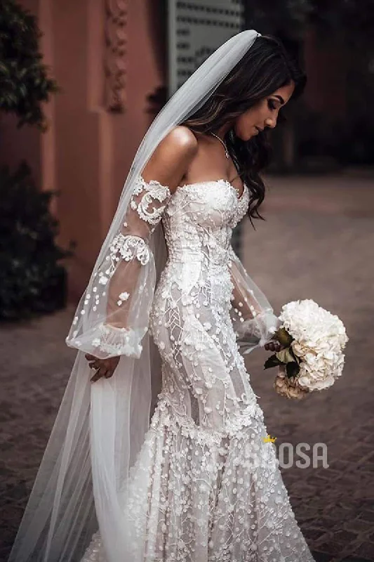 Halterneck dress – Dress with straps that tie around the neck, leaving the shoulders and back exposed.Luxury Lace Mermaid Wedding Dress Off-the-Shoulder Illusion Long Sleeve Bridal Gowns QW0831