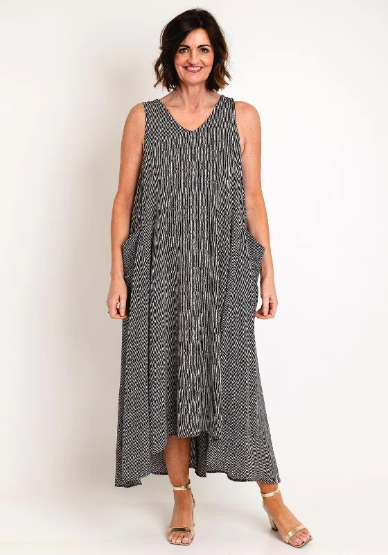 Sundress – Light, sleeveless dress typically worn in warm weather, often made from cotton or linen.Malissa J One Size Flowy Striped Midi Dress, Black