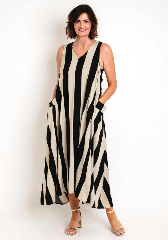 Maxi dress – Long dress that typically reaches the ankles or floor, offering a flowing and elegant look.Natalia Collection One Size Flowy Striped Midi Dress, Black