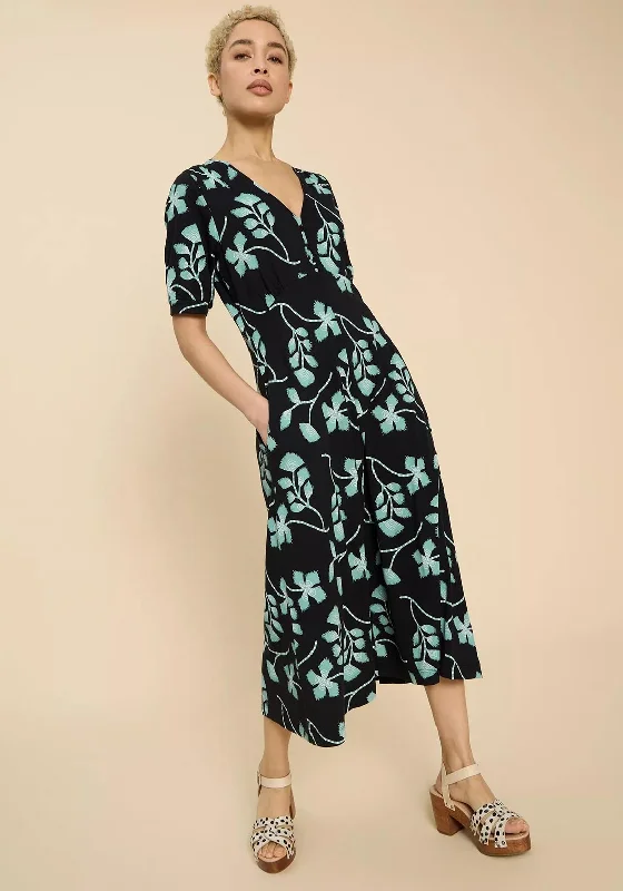 Peplum dress – Dress with a flared ruffle or extra fabric at the waist, adding volume and shaping to the lower half.White Stuff Megan Printed Jersey Midi Dress, Black & Blue