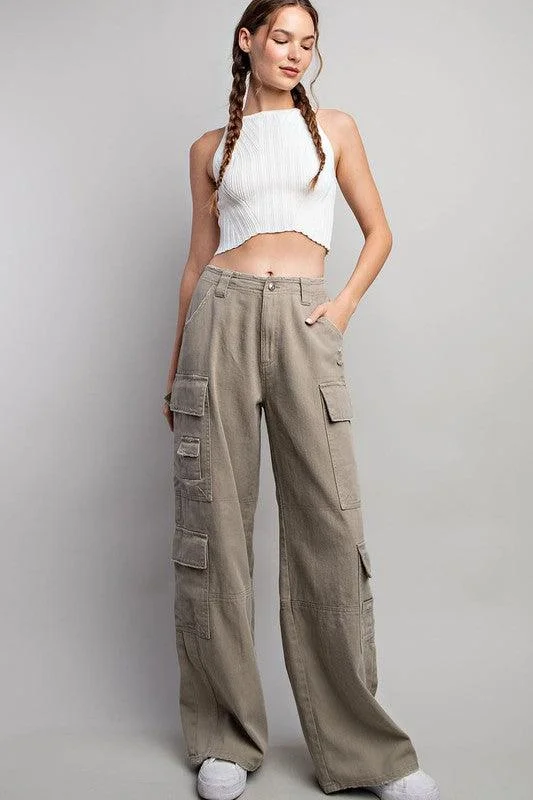 Tapered trousers – Trousers that narrow toward the ankle, creating a more fitted, streamlined look.MIKEY MINERAL WASHED CARGO PANTS FINAL SALE