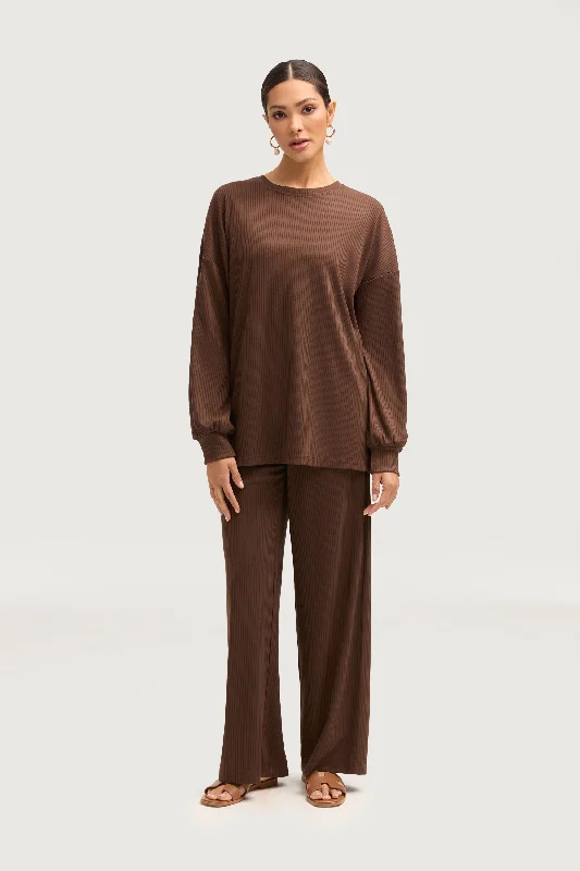 Stretch trousers – Trousers made with a small amount of spandex or elastane for added stretch and flexibility.Mona Ribbed Top & Pants Matching Set - Truffle