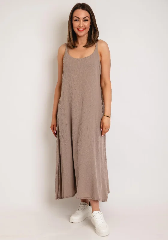 Fit-and-flare dress – Dress that is fitted at the top and flares out at the bottom, offering a feminine and flattering shape.One Life Fiji Cotton Aline Midi Dress, Taupe