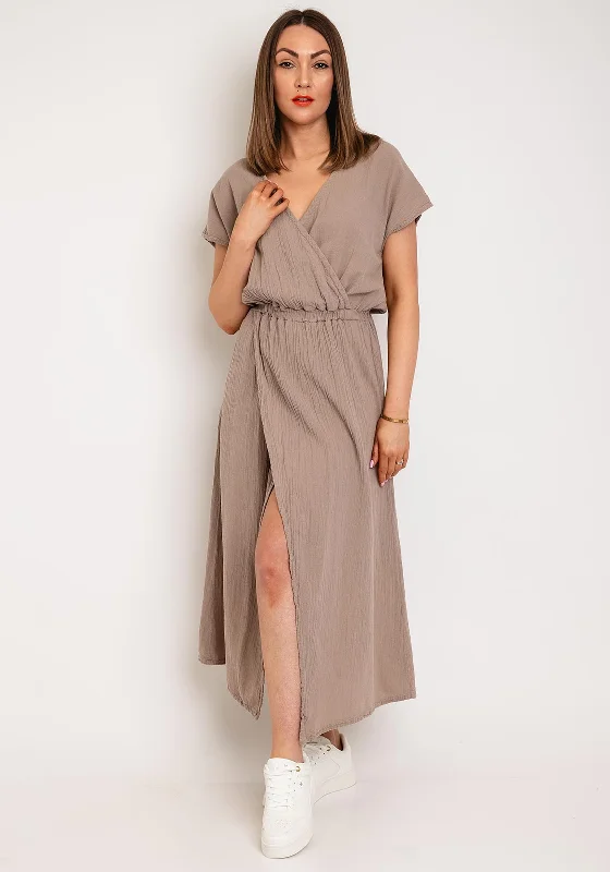 Halterneck dress – Dress with straps that tie around the neck, leaving the shoulders and back exposed.One Life Marion Wrap Maxi Dress, Taupe