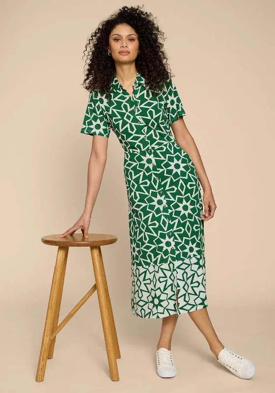 Fit-and-flare dress – Dress that is fitted at the top and flares out at the bottom, offering a feminine and flattering shape.White Stuff Rua Jersey Print Midi Shirt Dress, Green