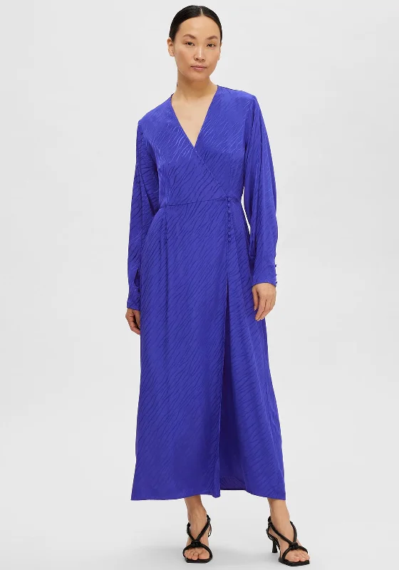 V-neck dress – Dress with a V-shaped neckline that flatters the chest and elongates the neck.Selected Femme Abienne Satin Wrap Maxi Dress, Royal Blue