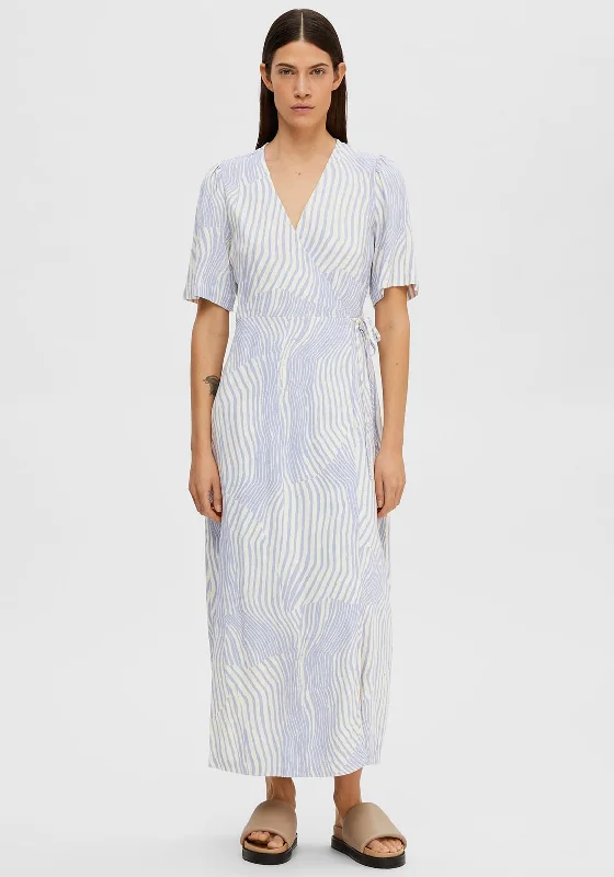 Cocktail dress – Dress typically worn for semi-formal events, often knee-length or slightly above.Selected Femme Valencia Stripe Wrap Dress, Blue Heron