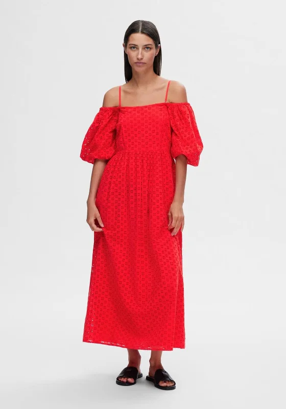 T-shirt dress – Casual dress made from T-shirt-like material, typically loose-fitting and comfortable.Selected Femme Anelli Off Shoulder Dress, Flame Scarlett