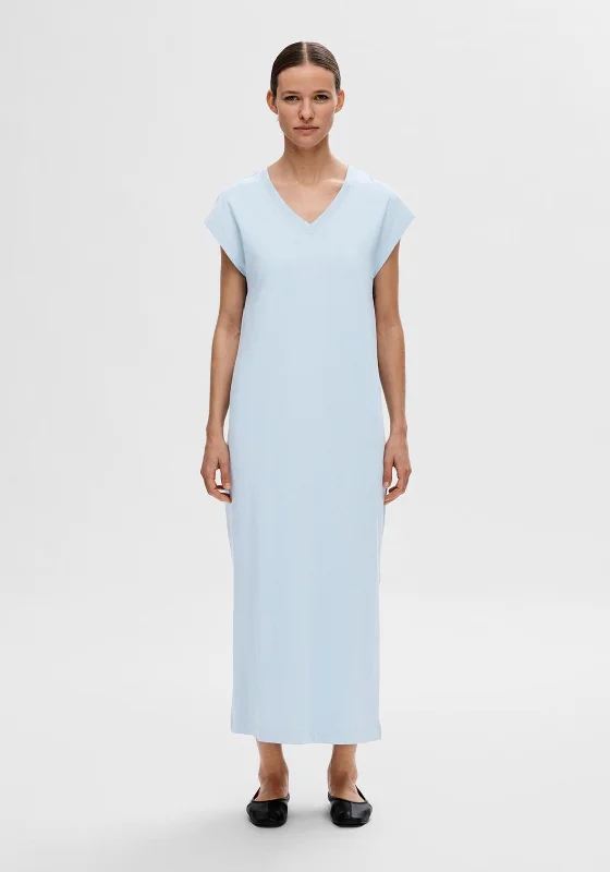 Sheath dress – Form-fitting dress that hugs the body and typically hits just above or at the knee.Selected Femme V Neck Jersey Maxi Dress, Cashmere Blue