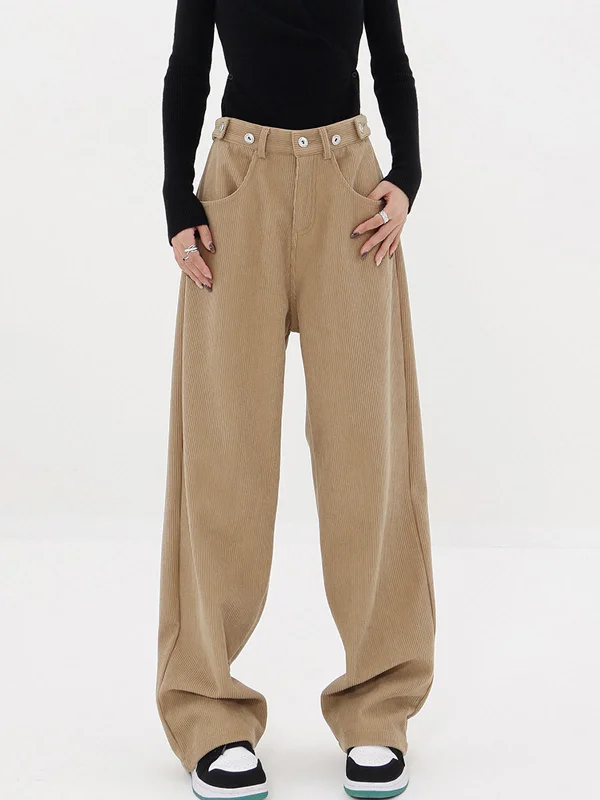 Button-front trousers – Trousers that feature a row of buttons along the waistband for a stylish detail.BerryBetty - Solid Corduroy Baggy Wide Leg Pants