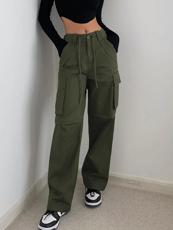 Paperbag waist trousers – Trousers with a gathered waistband, often cinched with a belt for added style.BerryBetty - Solid Drawstring Cargo Parachute Straight Leg Pants