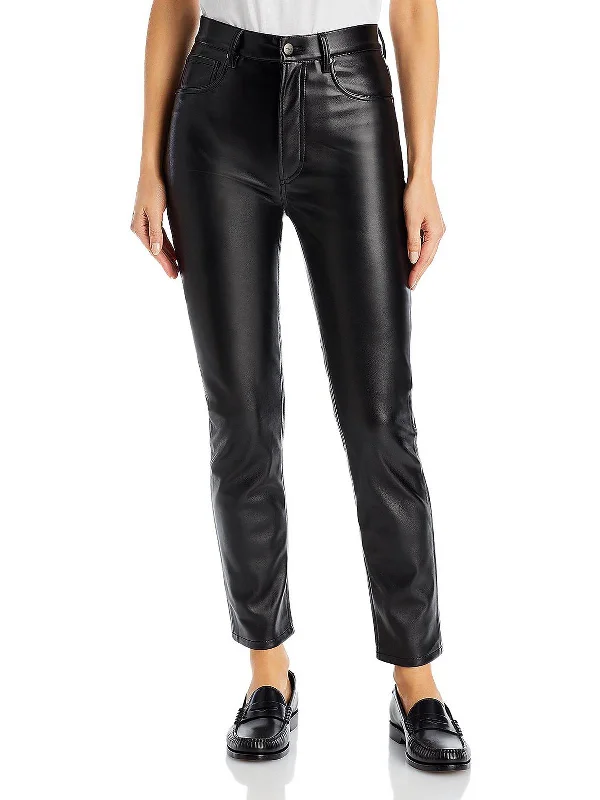 Flared trousers – Trousers with a gradual flare from the knee down, often associated with retro or 1970s fashion.Sonya Womens Vegan Leather Shimmer Skinny Pants