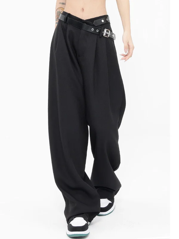 Wide-waistband trousers – Trousers with a thick waistband, often providing a more structured or comfortable fit.BerryBetty - Street Belted Wide Leg Pants