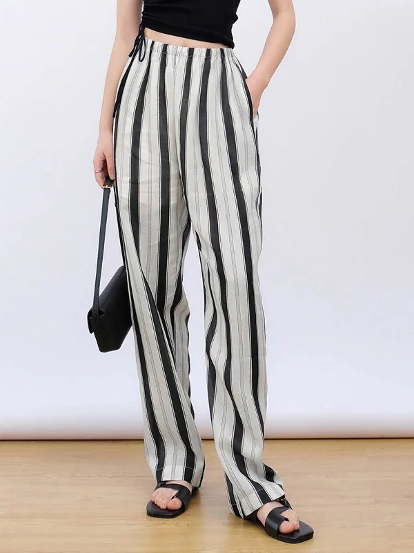 Denim trousers – Made from denim fabric, often resembling jeans but styled as more formal trousers.BerryBetty - Striped Linen Cropped Wide Leg Pants