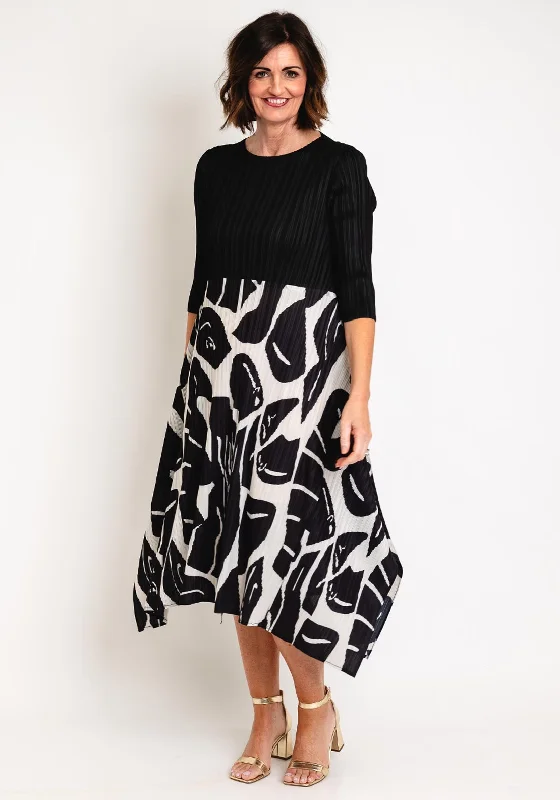 Peplum dress – Dress with a flared ruffle or extra fabric at the waist, adding volume and shaping to the lower half.Thanny Pleated Abstract Print Midi Dress, Black