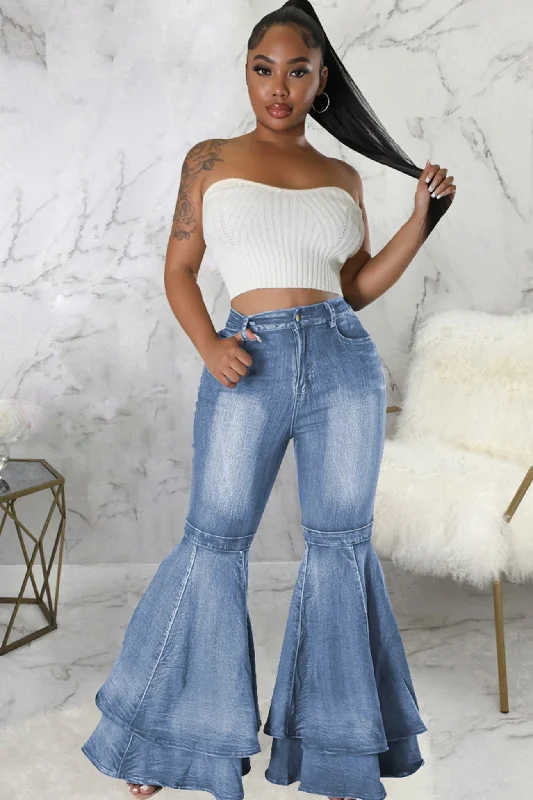 Slim-fit trousers – Trousers that are form-fitting and narrow through the legs.BerryBetty - Tiered Flares High Rise Jeans