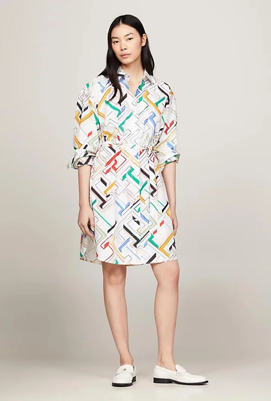 A-line dress – Dress that is fitted at the top and gradually flares out, creating an A-shape silhouette.Tommy Hilfiger Monogram Print Poplin Shirt Dress, Calico