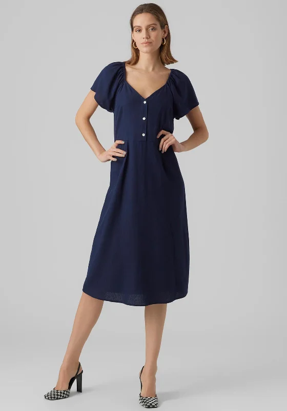 V-neck dress – Dress with a V-shaped neckline that flatters the chest and elongates the neck.Vero Moda Milo Linen Blend Midi Dress, Navy Blazer