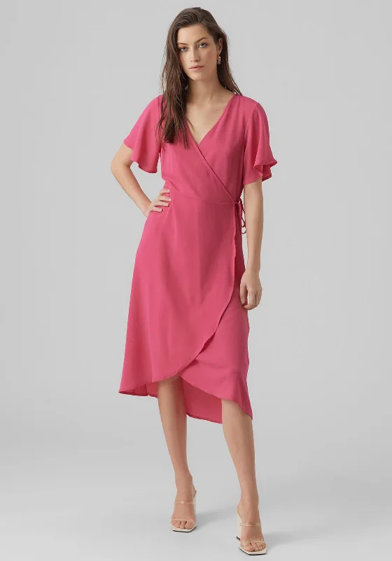 Midi dress – Dress that falls to the mid-calf, giving a balanced, modest, yet stylish appearance.Vero Moda Saki Wrap Midi Dress, Pink Yarrow