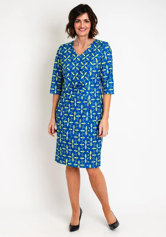 Lace dress – Dress made with lace fabric, often delicate and romantic, suitable for special occasions.Via Veneto Printed Ruched Midi Dress, Royal Blue & Lime