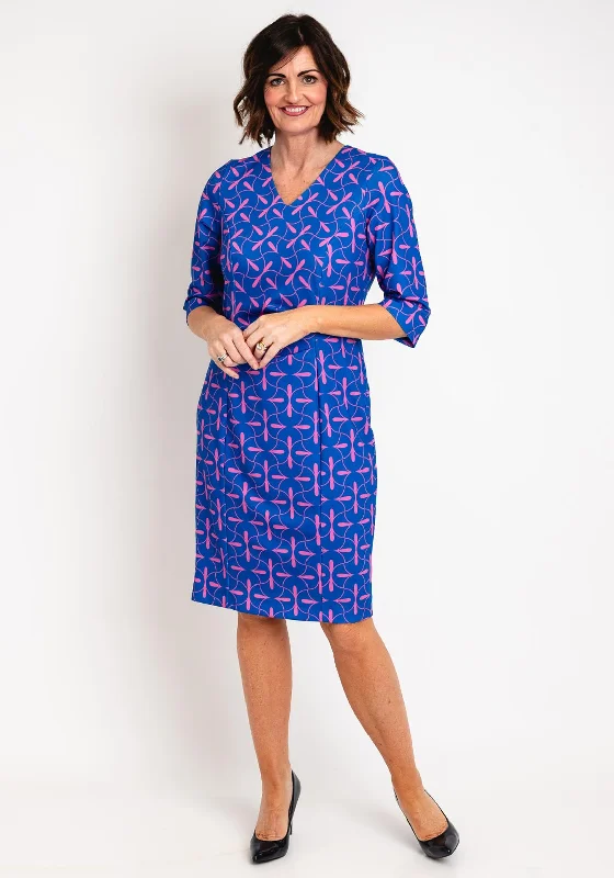 Slip dress – Simple, silky dress with spaghetti straps, resembling a slip, often worn casually or for evening wear.Via Veneto Printed Ruched Midi Dress, Royal Blue & Pink