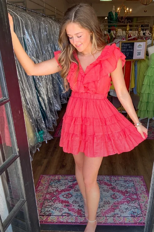 Fit-and-flare dress – Dress that is fitted at the top and flares out at the bottom, offering a feminine and flattering shape.Watermelon V Neck Ruffles Multi-Layers Homecoming Dress