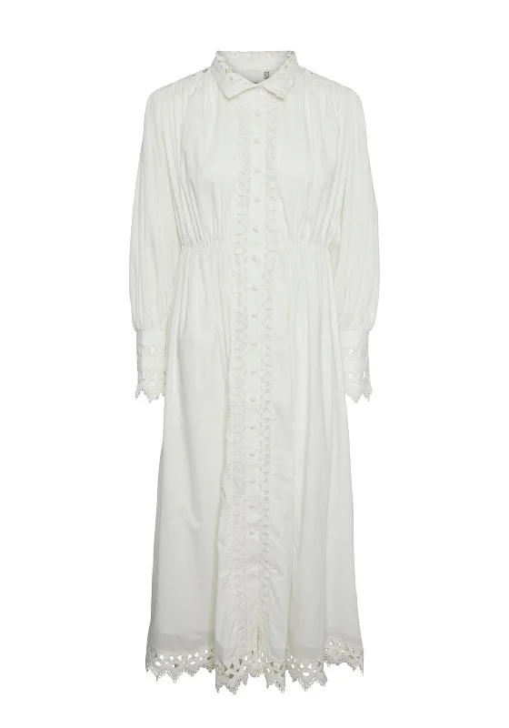 Sundress – Light, sleeveless dress typically worn in warm weather, often made from cotton or linen.Y.A.S Trima Broidery Maxi Shirt Dress, Star White