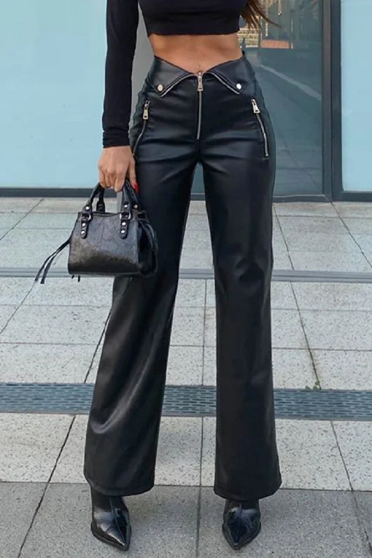 Paperbag waist trousers – Trousers with a gathered waistband, often cinched with a belt for added style.BerryBetty - Zipper Front Solid Color Straight Leather Pants