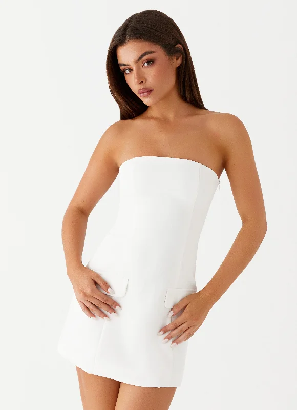 Mini skirt – Very short skirt, typically above the knee.Allora Strapless Mini Dress - White