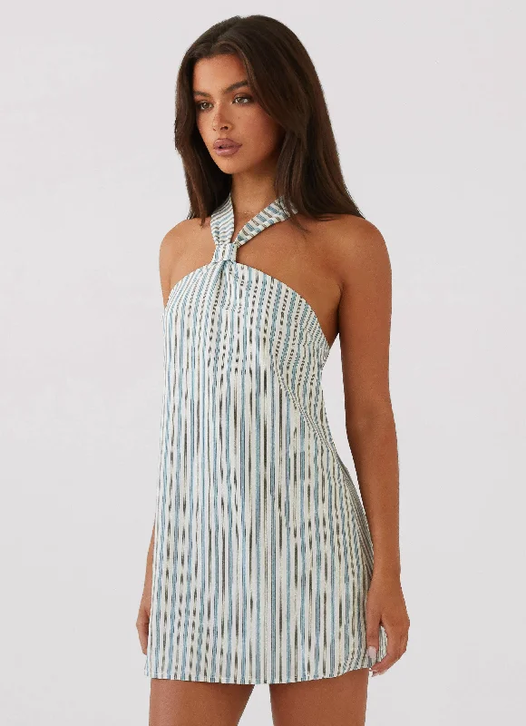 A-line skirt – Skirt that is fitted at the hips and gradually flares out toward the hem.Keira Linen Mini Dress - Blue Choc Stripe