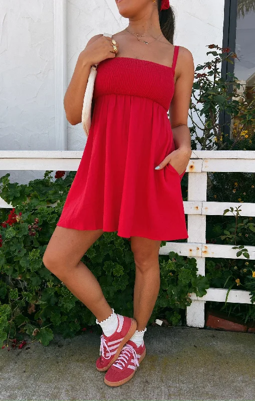 Skater skirt – Flared skirt that is fitted at the waist and flares out, resembling the shape of a skating skirt.Mallory Mini Dress ~ Red Linen