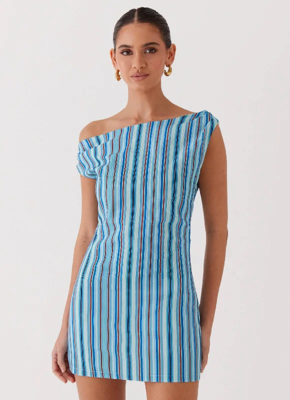 Asymmetrical skirt – Skirt with an uneven or diagonal hemline for a modern and unique appearance.Saona Off Shoulder Mini Dress - Blue Stripe