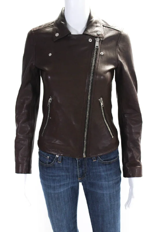 Quilted – Sewn in a pattern, often used for insulationAllsaints Womens Brown Leather Full Zip Long Sleeve Motorcycle Jacket