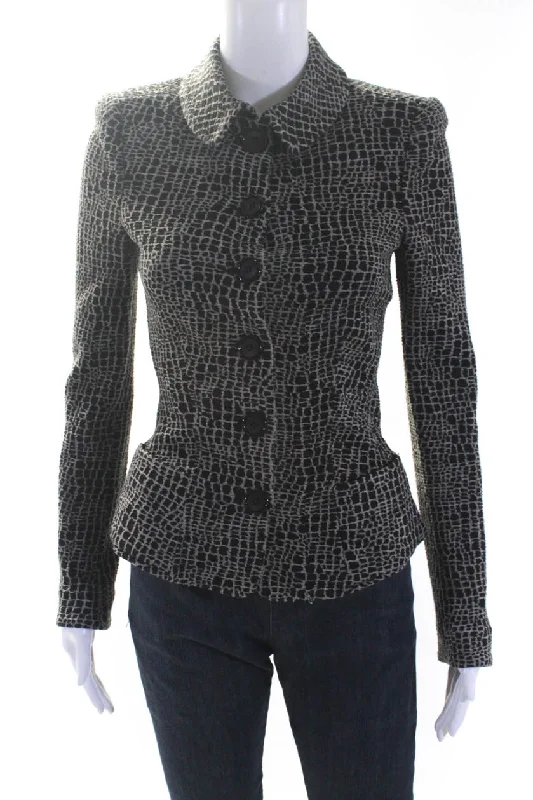 Herringbone – A distinct V-shaped woven patternArmani Collezioni Womens Button Front Collared Croc Printed Jacket Black Gray 4