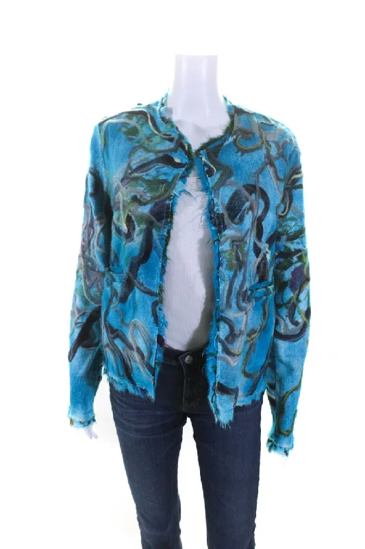 Double-breasted – Two rows of buttons for a stylish, structured lookAvant Toi Womens Blue Printed Linen Open Front Long Sleeve Jacket