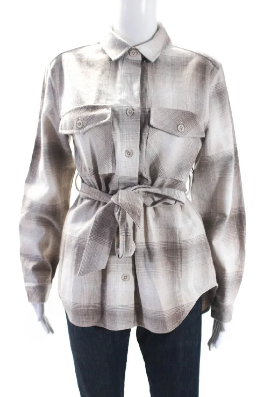 Hooded – With a hoodBella Dahl Womens Cotton Plaid Print Button Collared Belted Jacket Brown