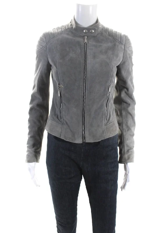 Waterproof – Resistant to waterBelstaff Womens Leather Zipped Button Long Sleeve Mock Neck Jacket Gray