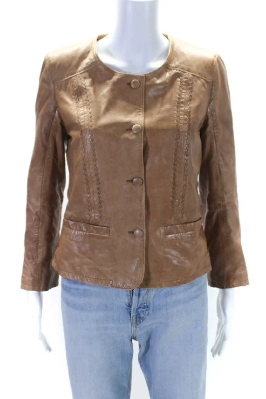 Breathable – Allows airflow, keeps you coolBully Womens Leather Woven Textured Darted Buttoned Jacket Brown