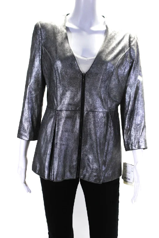 Button-down – With buttons, button closureDoncaster Collection Womens Metallic Leather V Neck Zip Jacket Silver