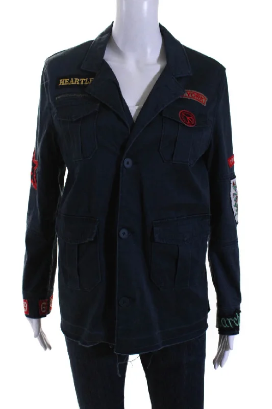 Cropped – Short in length, above the waistElan Womens Embroidered Patch Button Up Notched Collar Jacket Navy