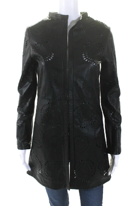 Biker-style – Leather or faux-leather, rugged designIn Transit Womens Laser Cut Long Hook & Eye Leather Jacket Black