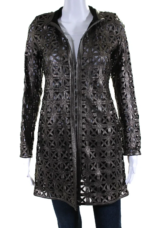 Waterproof – Resistant to waterIn Transit Womens Laser Cut Metallic Mesh Leather Jacket Brown Black