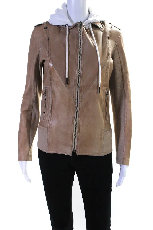 Military-inspired – Features like epaulets or button details that resemble military uniformsJKT Women's Hood Long Sleeves Full Zip Pockets Leather Jacket Beige