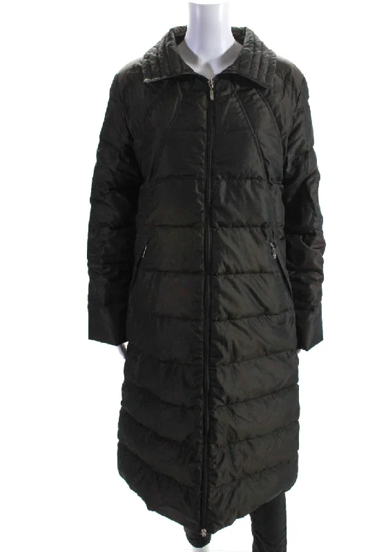 Down-filled – Filled with down feathers for insulationMoncler Womens Knee Length Satin Full Zip Puffer Coat Dark Brown