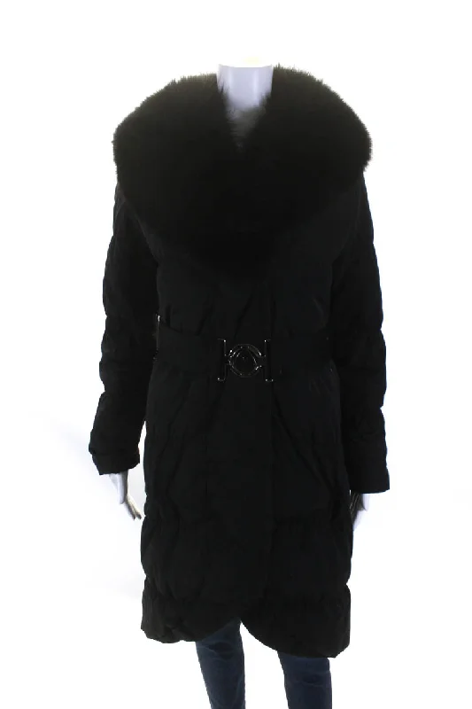 Cropped – Short in length, above the waistPostcard Womens Button Front Down Quilted Fox Fur Collared Jacket Black