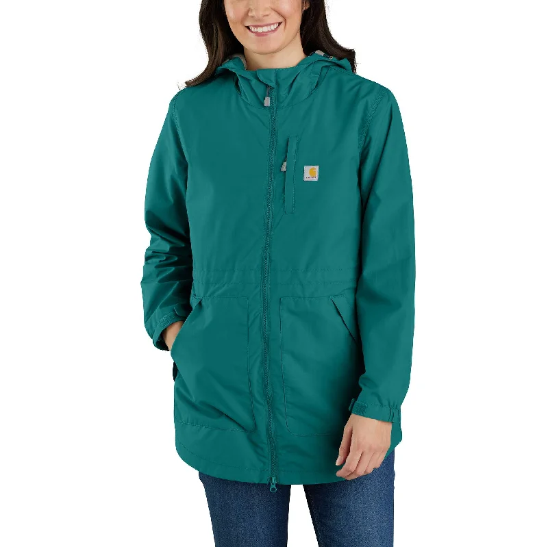 Down-filled – Filled with down feathers for insulationRain Defender® Relaxed Fit Lightweight Coat