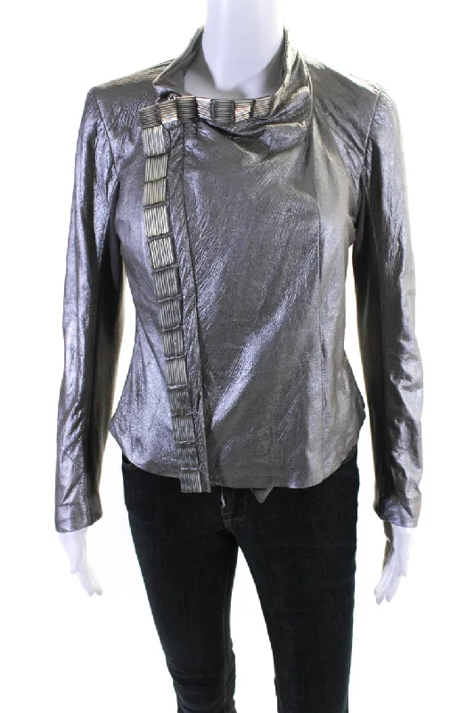 Cropped – Short in length, above the waistRick Owens Womens Embroidered Beaded Long Sleeve Zip Metallic Jacket Gray