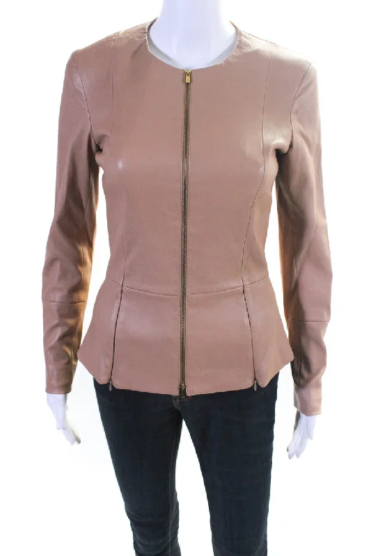 Fleece-lined – With soft fleece inside for warmthThe Row Womens Front Zip Long Sleeve Crew Neck Leather Jacket Brown